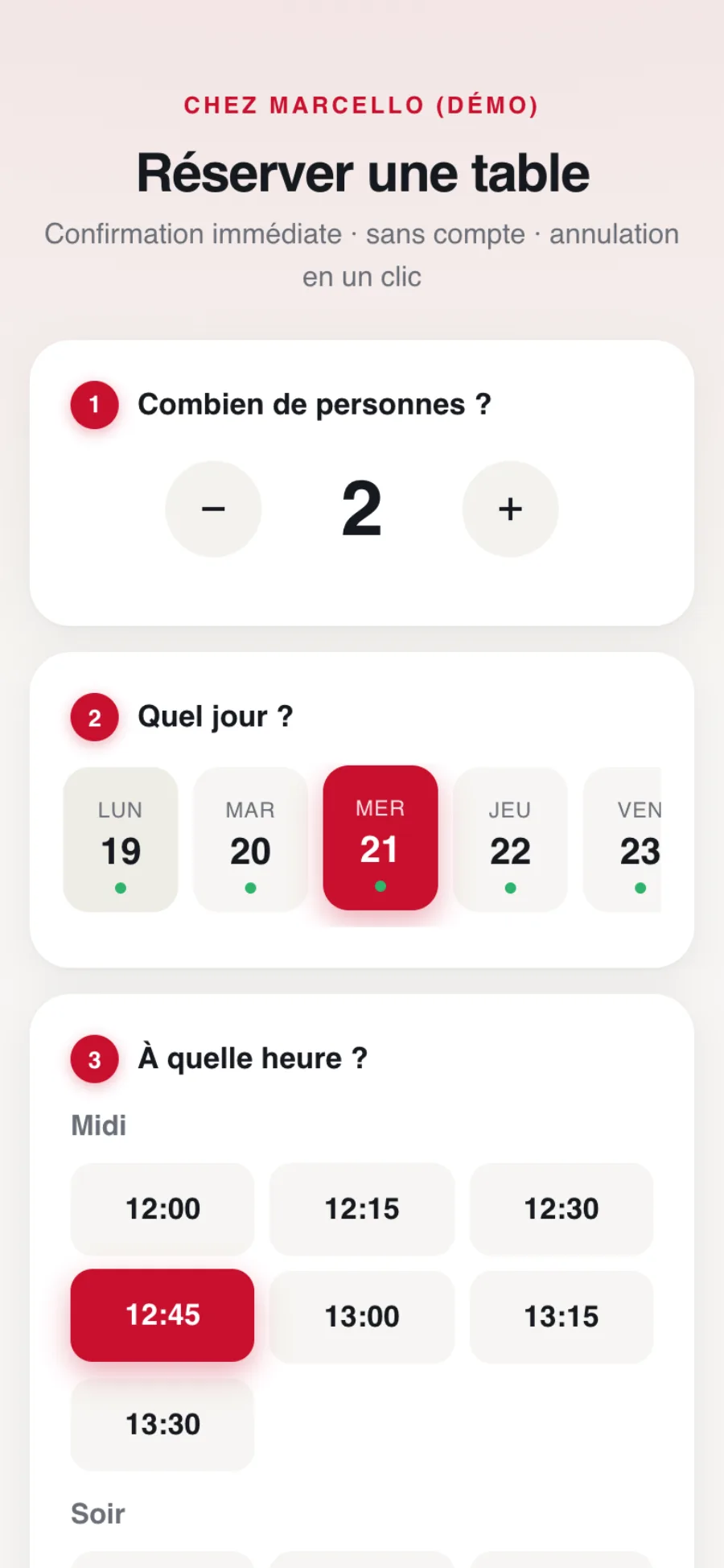 Formulaire de réservation en ligne vu par le client