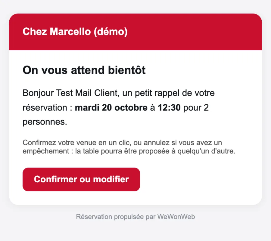 E-mail de rappel avec bouton de confirmation