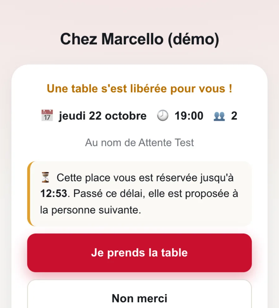 Page d’offre d’une table libérée
