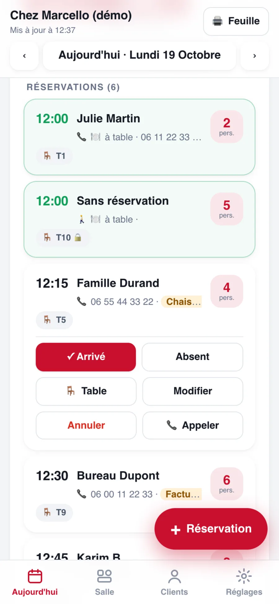 Actions sur une réservation : arrivé, absent, modifier