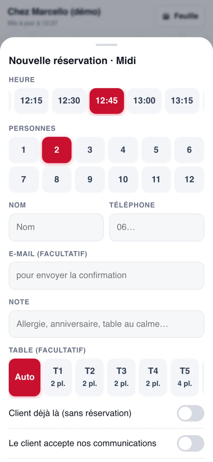 Ajout d’une réservation reçue par téléphone