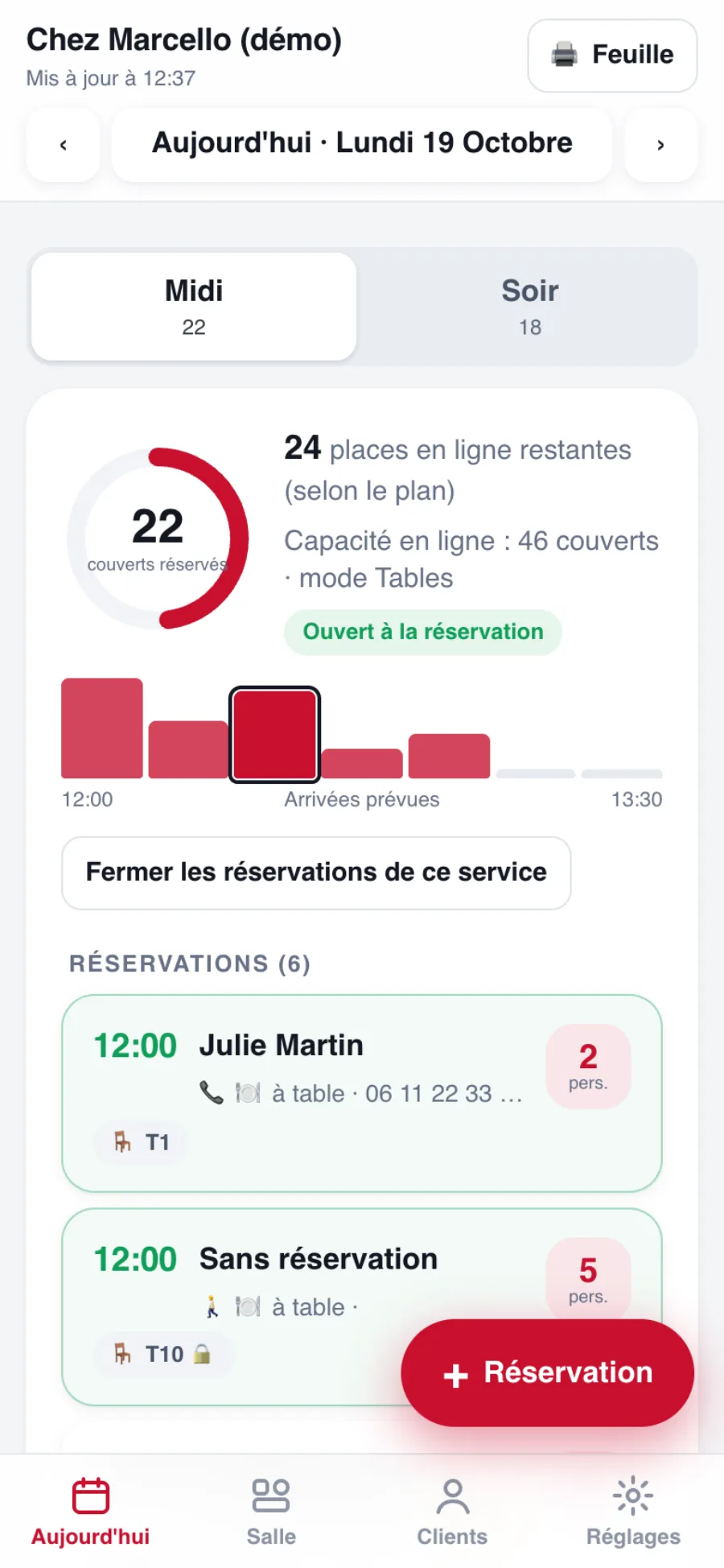 Planning du jour d’un restaurant dans l’appli équipe